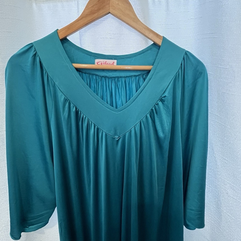 VTG Gilead Teal Maxi Nightgown Peekaboo Sleeve Pockets Peignoir Caftan READ - Picture 3 of 9